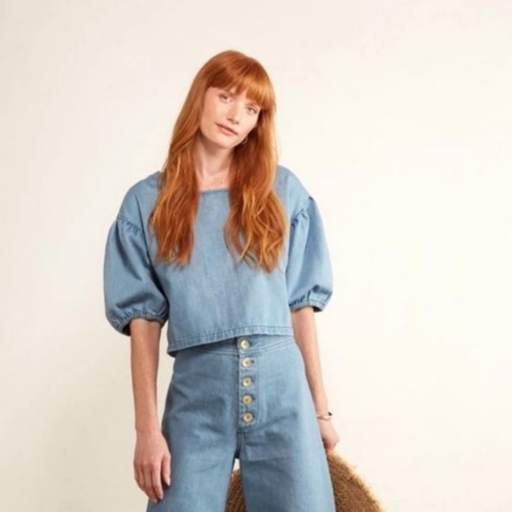 Anthropologie the Odells Denim Puff Sleeve Cropped Top